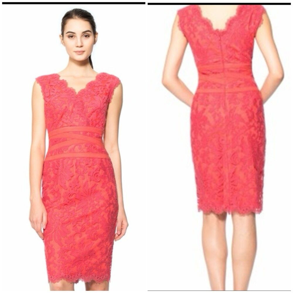 Tadashi Shoji Red Coral Embroidered Lace Sleeveless Sheath Cocktail Dress Size 4